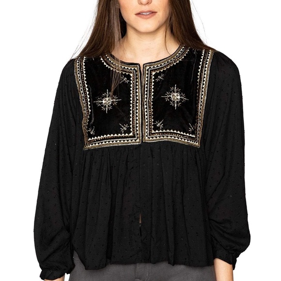 VELVET by Graham & Spencer Black and Gold Embroidered Beaded Velvet Drape Blouse - Picture 6 of 13